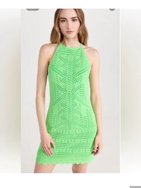 Jonathan Simkhai Neon Green Crochet Halter Mini Dress